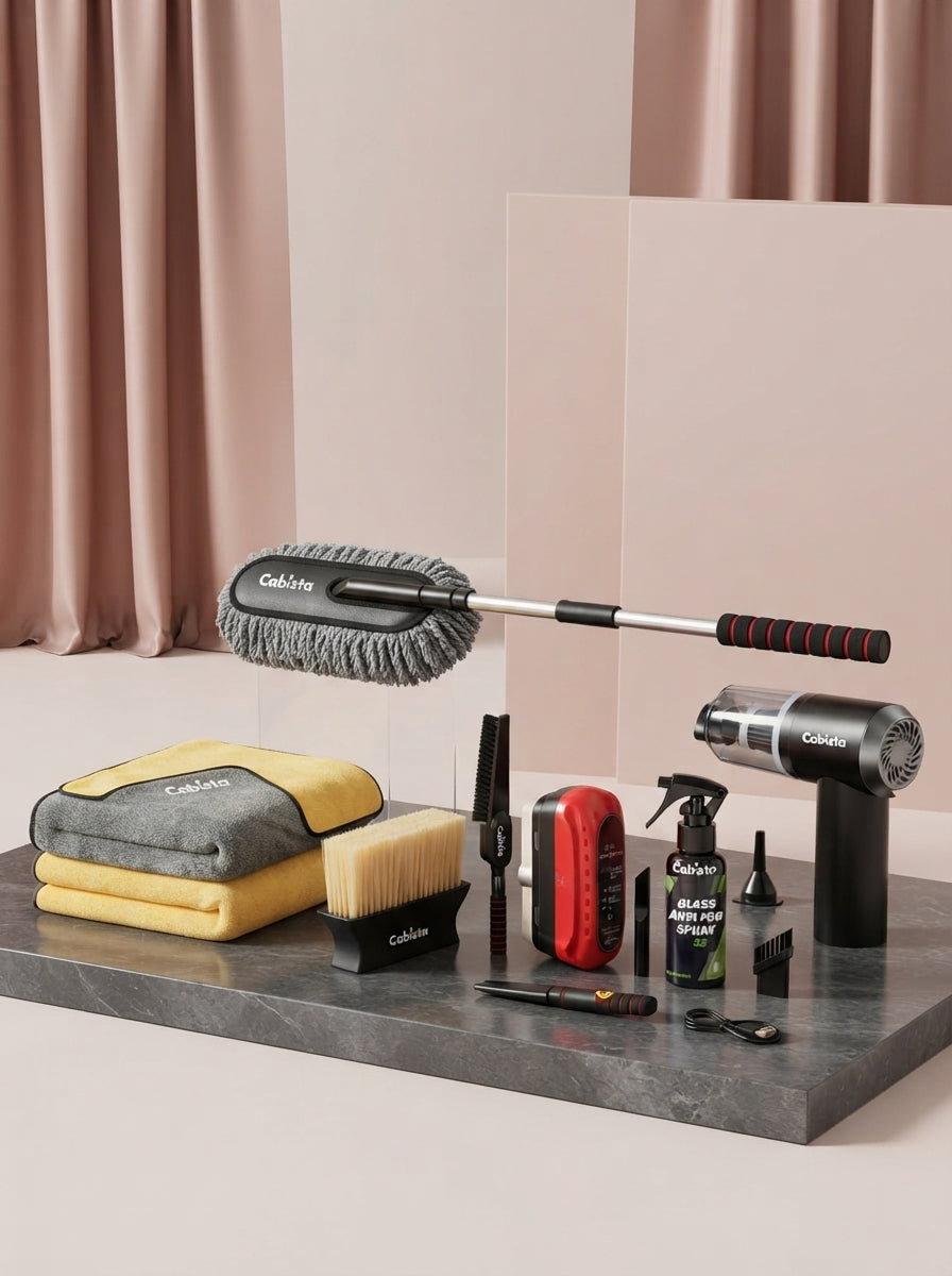 An 8-piece professional car detailing kit including microfiber cloths and brushes displayed on a charcoal stone surface.